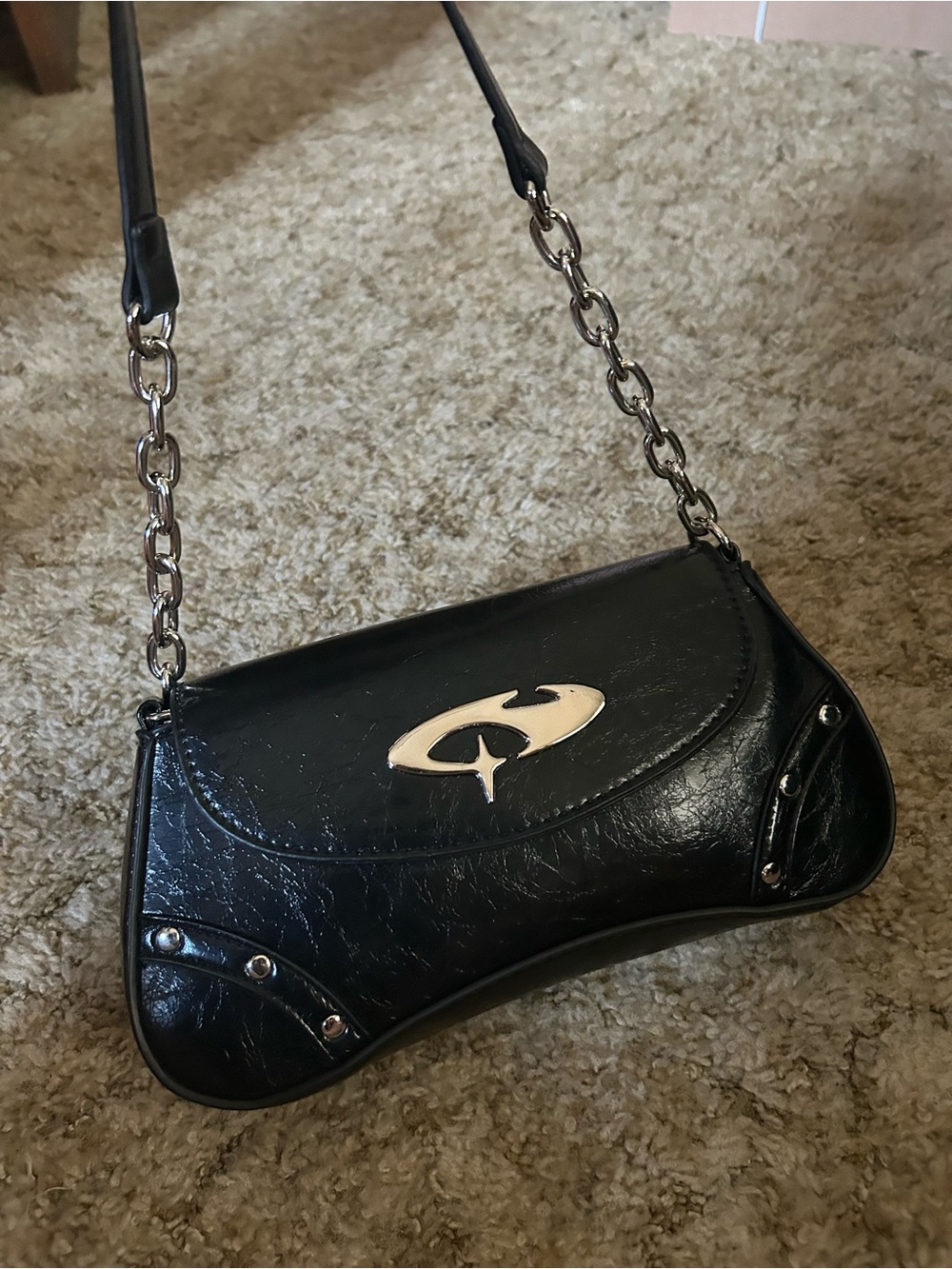 Black Shiny Faux Leather Shoulder Bag Silver Chains and Studs Alt Goth Purse